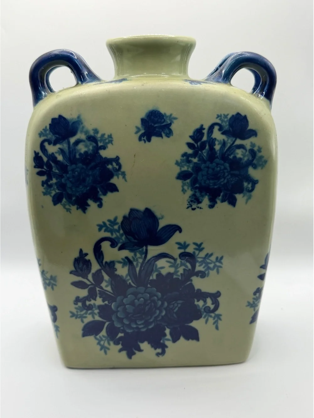 Vintage Ceramic Vase with Blue Floral Design and Dual Handles